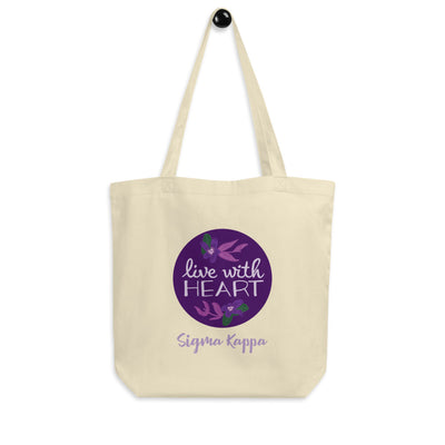 Sigma Kappa Live With Heart Eco Tote Bag in natural on hook
