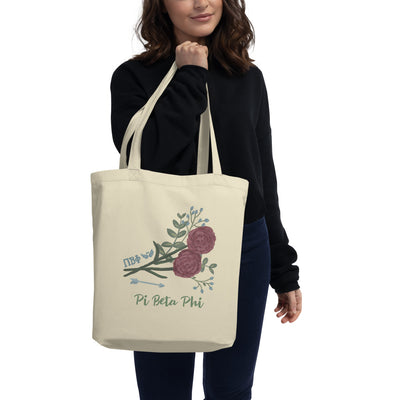 Pi Beta Phi Carnation and Arrow Eco Tote Bag in natural on model