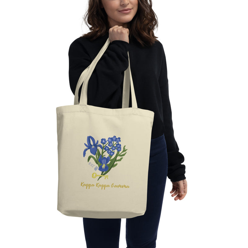 Kappa Kappa Gamma Blue Iris and Golden Key design on a natural canvas bag.
