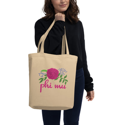 Phi Mu Carnation design eco tote bag in natural oyster on model