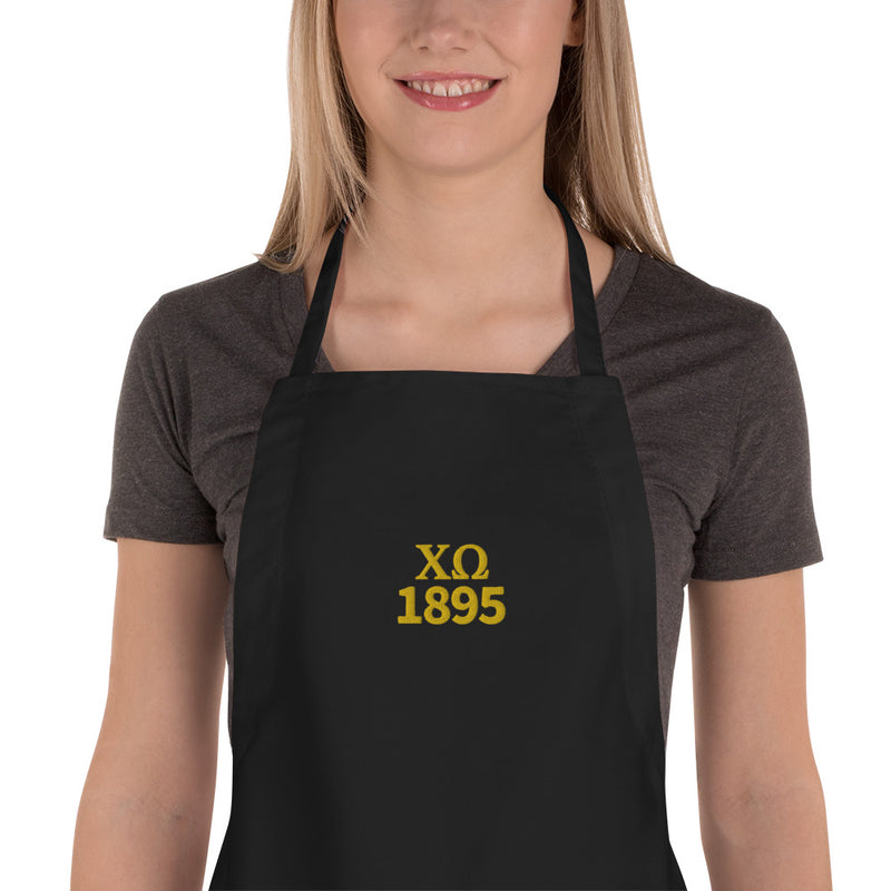 Chi Omega 1895 Founding Year Embroidered Apron in black on model