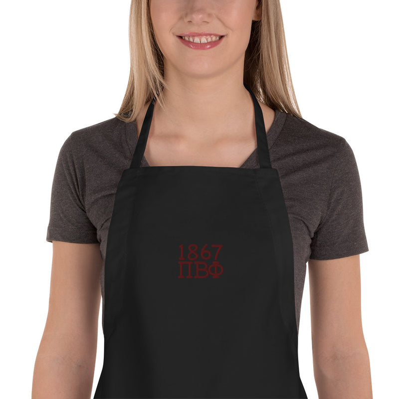 Pi Beta Phi 1867 Founding Year Embroidered Apron in black zoomed in