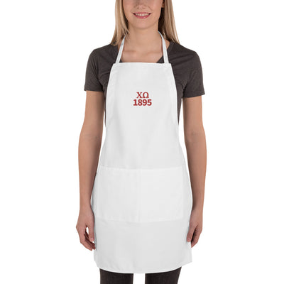 Chi Omega 1895 Founding Year Embroidered Apron in white shown full length