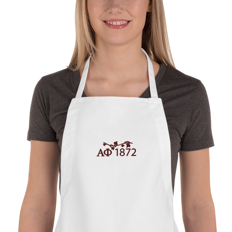 Alpha Phi 1872 Embroidered Ivy Apron in white with maroon thread