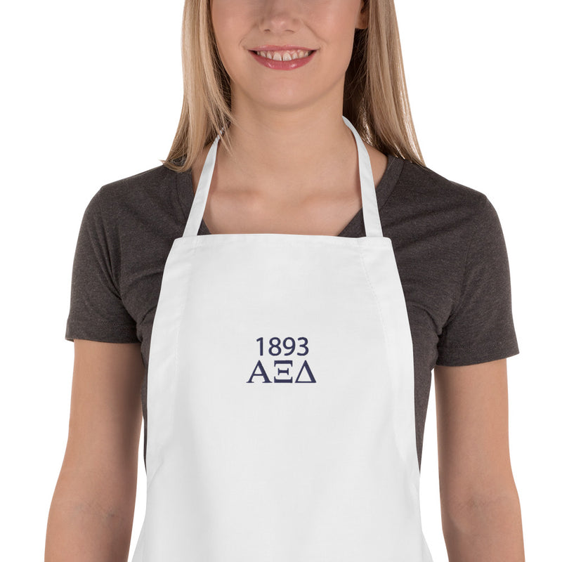 Alpha Xi Delta 1893 Founding Year Embroidered Apron in white in zoomed in view