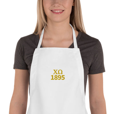 Chi Omega 1895 Founding Year Embroidered Apron in white on model