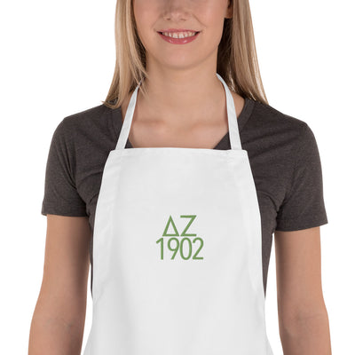 Delta Zeta 1902 Founding Year Embroidered Apron in white shown close up