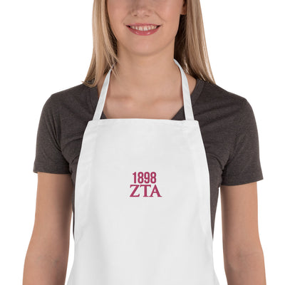 Zeta Tau Alpha 1898 Founding Year Embroidered Apron in white with pink thread