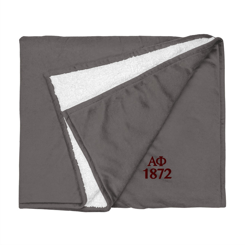 Alpha Phi Plush Embroidered Sherpa Blanket in gray flat