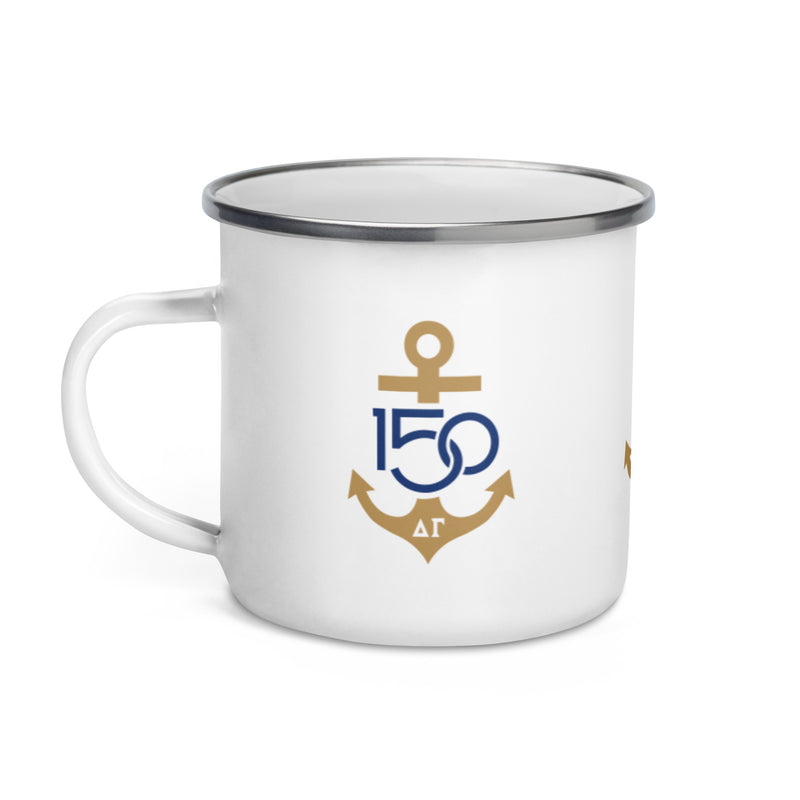 Delta Gamma 150th Anniversary Enamel Camp Mug showing 12 oz size and handle on left