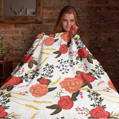 Alpha Omicron Pi Rose Print Throw Blanket  shown with model