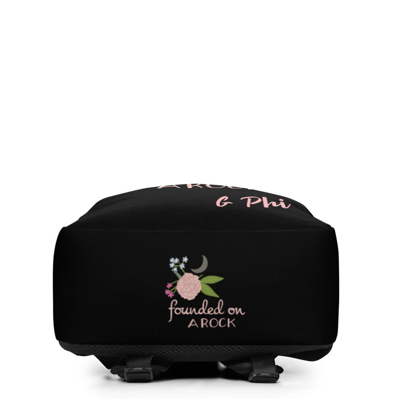 Gamma Phi Beta Founded on a Rock Black Backpack showing bottom of bag