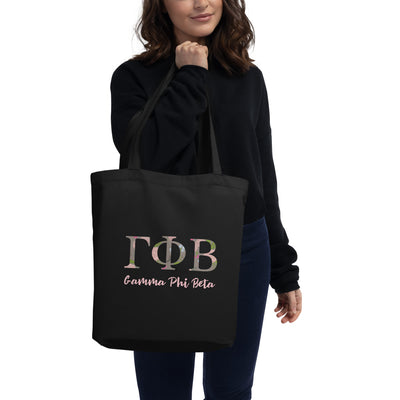 Gamma Phi Beta Sorority Letters Tote Bag shown in black on model's arm