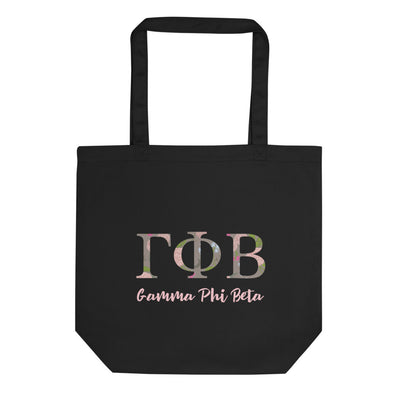 Gamma Phi Beta Sorority Letters Tote Bag in black shown flat