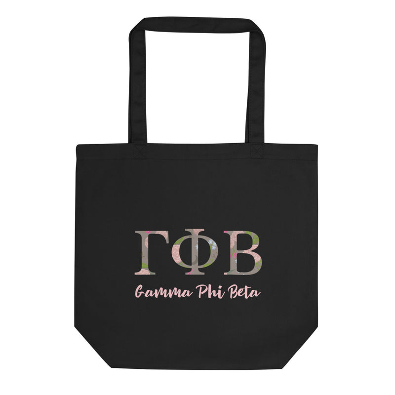 Gamma Phi Beta Sorority Letters Tote Bag in black shown flat