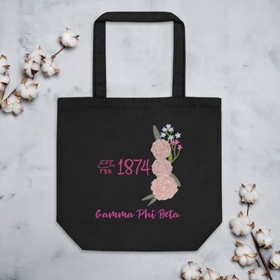 Gamma Phi Beta 1874 Sorority Tote Bag in black shown flat with cotton blossoms