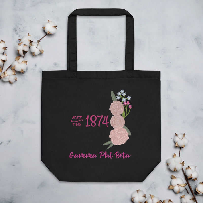 Gamma Phi Beta 1874 Sorority Tote Bag in black shown flat with cotton blossoms