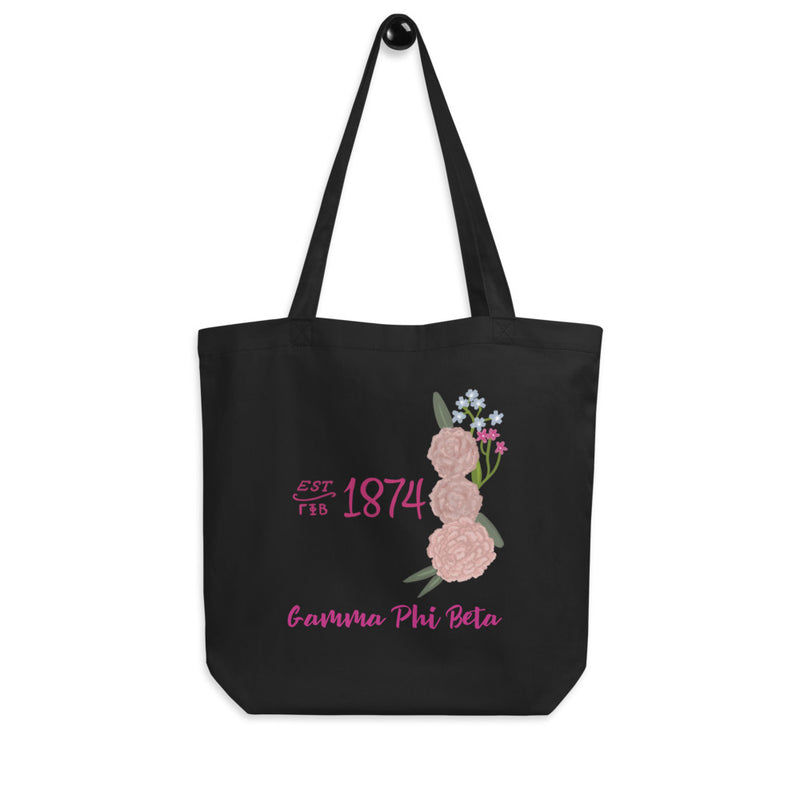 Gamma Phi Beta 1874 Sorority Tote Bag in black shown on hook