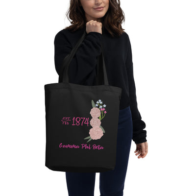 Gamma Phi Beta 1874 Sorority Tote Bag in black on model's arm