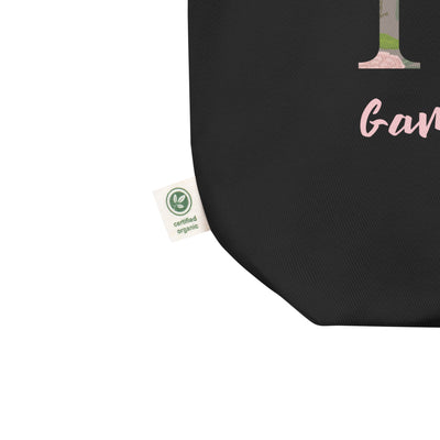 Gamma Phi Beta Sorority Letters Tote Bag showing product detail and organic label