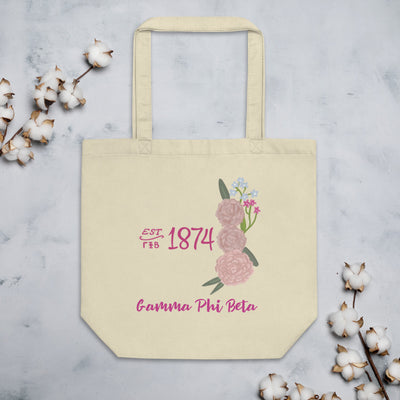 Gamma Phi Beta 1874 Sorority Tote Bag in natural oyster shown flat with cotton