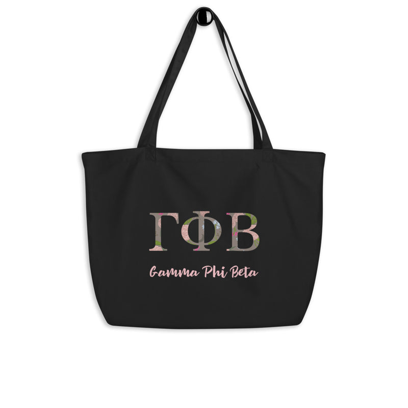Gamma Phi Beta Greek Letters Large Organic Tote Bag shown in black on hook