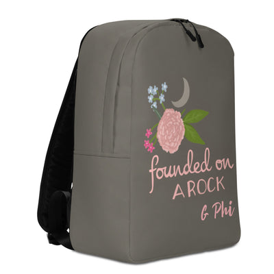 Gamma Phi Beta Sorority Backpack showing left side of Founded on a Rock Brown Backpack