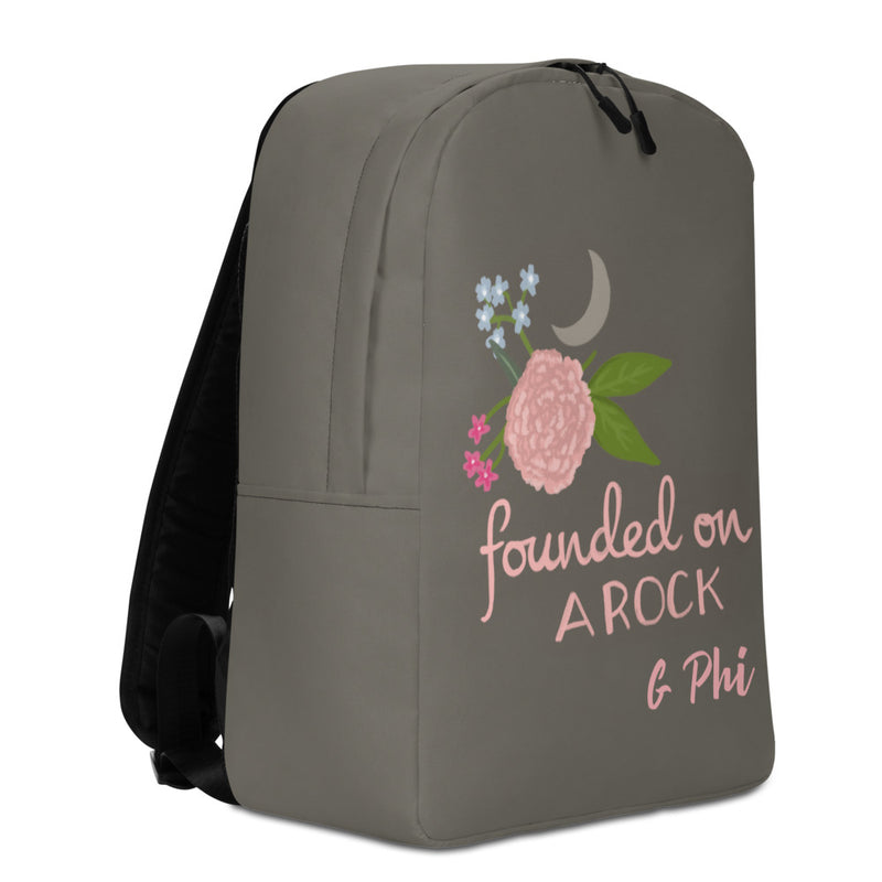 Gamma Phi Beta Sorority Backpack showing left side of Founded on a Rock Brown Backpack