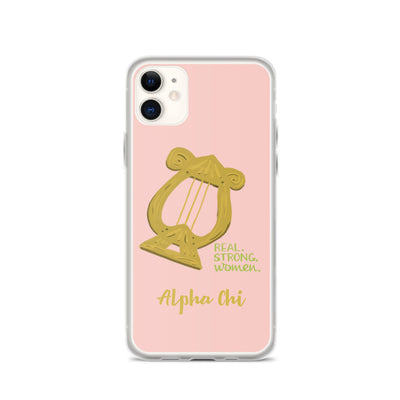Alpha Chi Omega with Lyre design and motto Real. Strong. Women on iPhone 11 phone case. 