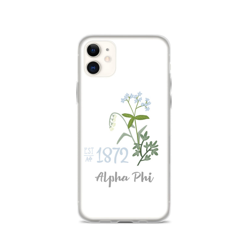 Alpha Phi 1872 Founders Day Design iPhone Case, White shown on iPhone 11