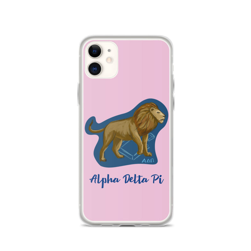 Alpha Delta Pi Alphie The Lion iPhone Case shown on an iPhone 11