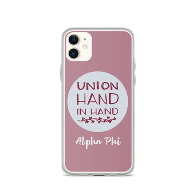 Alpha Phi sUnion Hand in Hand motto iPhone case in Dusty Rose 