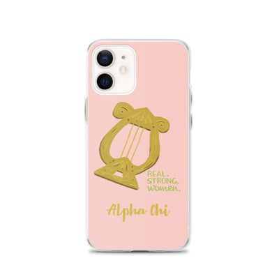 Alpha Chi Omega iPhone case with Lyre and words Real. Strong. Women and Alpha Chi on pink iPhone 12 phone case. 