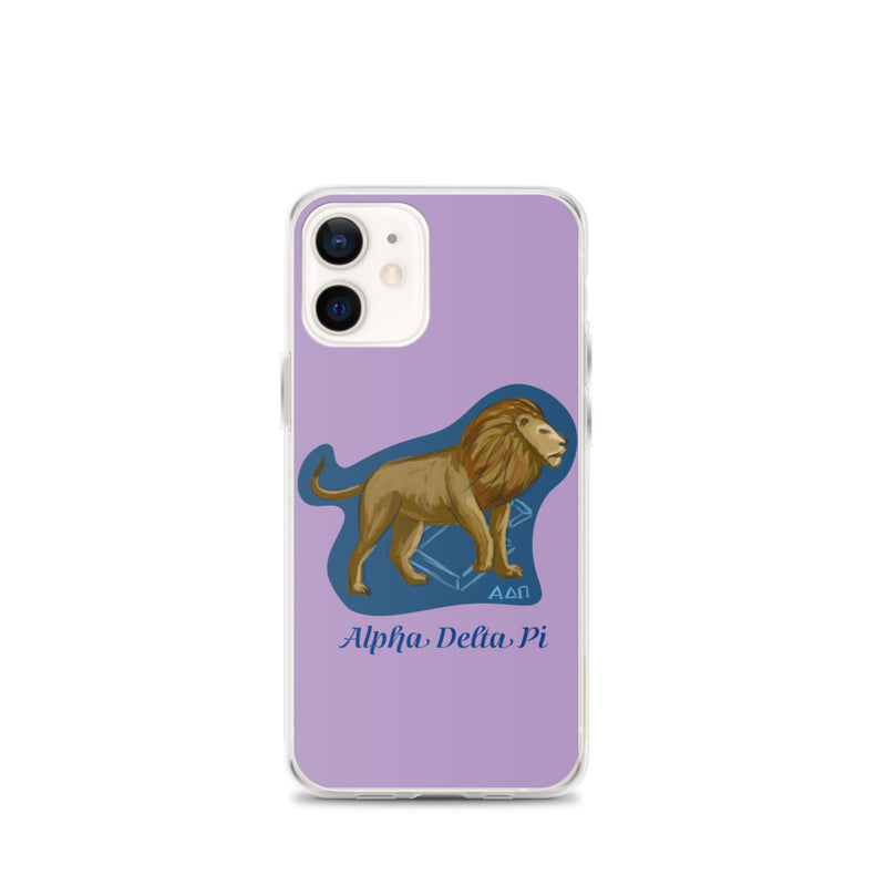 The ADII mascot, Alphie, is shown against a blue background on a purple iPhone.