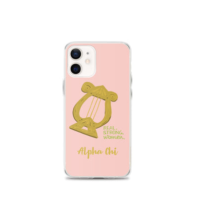 Alpha Chi Omega pink iPhone case with words Real Strong Women and Alpha Chi on iPhone 12 mini phone case. 