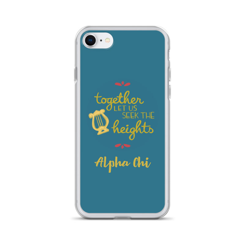 Alpha Chi Omega Motto Teal iPhone Case shown on iPhone 7 or 8