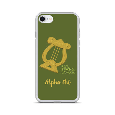Alpha Chi Omega Real. Strong. Women iPhone Case, Olive Green shown on iPhone 7 phone