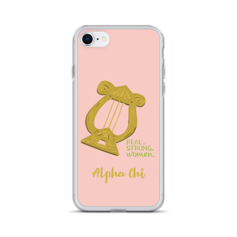 Alpha Chi Omega pink iPhone case with Lyre and Real Strong Women design for iPhone 7-8 model.