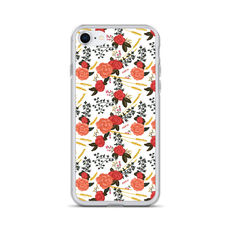 Alpha Omicron Pi Floral Pattern White iPhone Case shown on iPhone 7 and 8