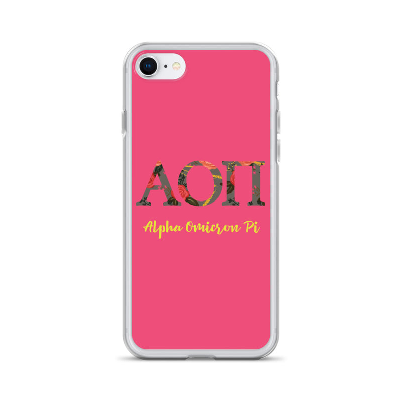 Alpha Omicron Pi Greek Letters iPhone Case shown on iPhone 7 and 8