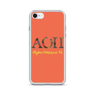 Alpha Omicron Pi Greek Letters iPhone Case in orange shown on iPhone 7 and 8