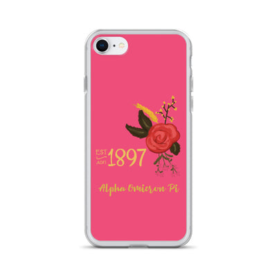 Alpha Omicron Pi 1897 Founders Day Pink iPhone Case shown on iPhone 7 and 8
