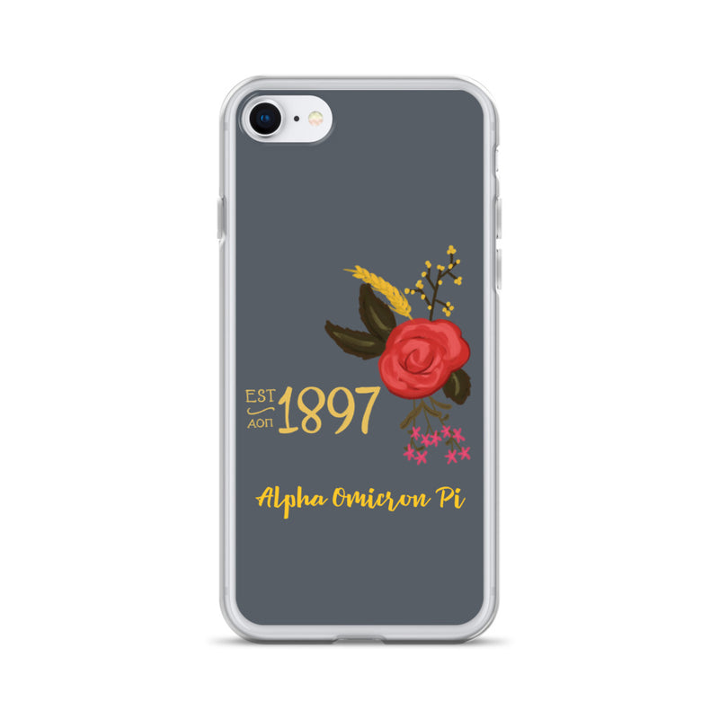 Alpha Omicron Pi 1897 Founders Day Gray iPhone Case shown on iPhone 7 and 8