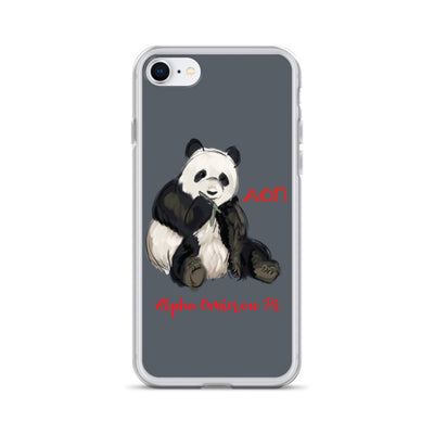 Alpha Omicron Pi Panda Gray iPhone Case shown on iPhone 7 and 8