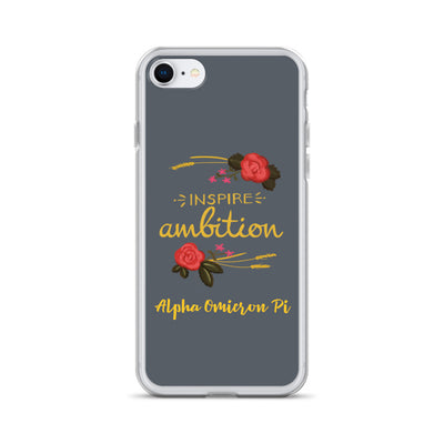 Alpha Omicron Pi Inspire Ambition Gray iPhone Case shown on iPhone 7 and 8