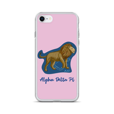 Alpha Delta Pi Alphie The Lion iPhone Case shown on an iPhone 7 or 8