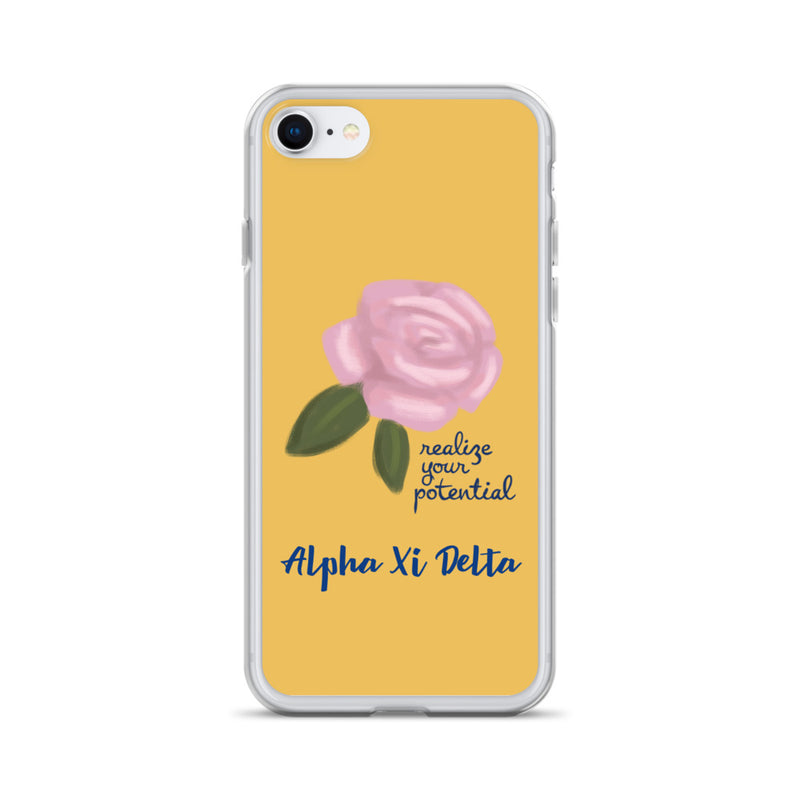 Alpha Xi Delta Realize Your Potential Gold iPhone Case shown on iPhone 7 and 8