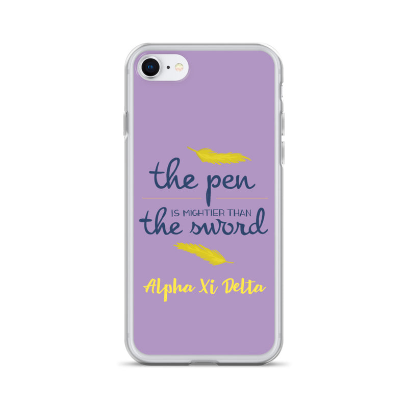 Alpha Xi Delta The Pen is Mightier Than the Sword Purple iPhone Case shown on an iPhone 7 and 8