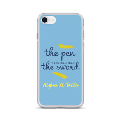 Alpha Xi Delta The Pen is Mightier Than The Sword Blue iPhone Case shown on iPhone 7 and 8
