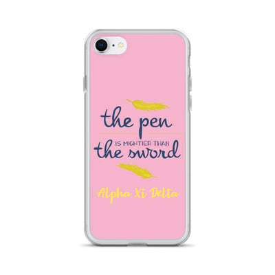 Alpha Xi Delta The Pen is Mightier Than the Sword Pink iPhone Case shown on iPhone 7 and 8